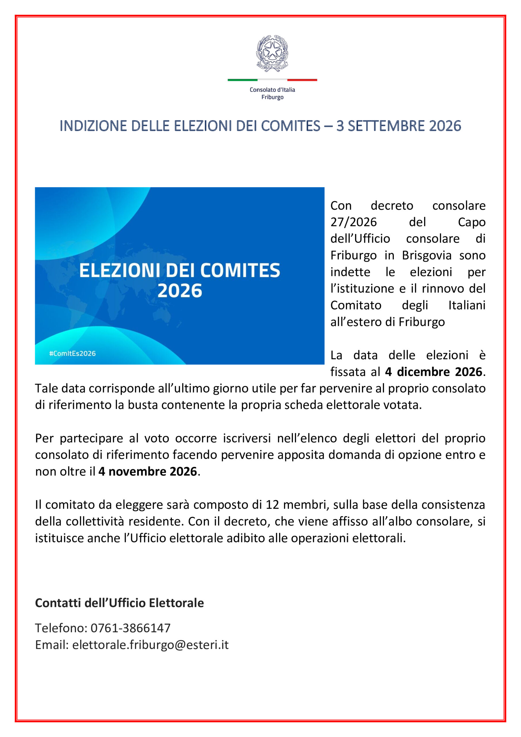 Elezioni COMITES 2026 – partecipa anche tu!